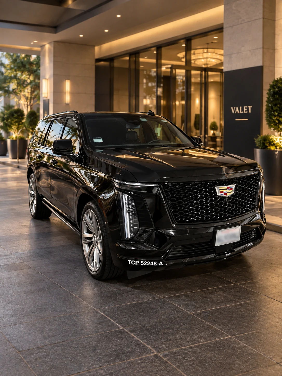 ARO Executive black Cadillac Escalade ESV at a luxury hotel entrance