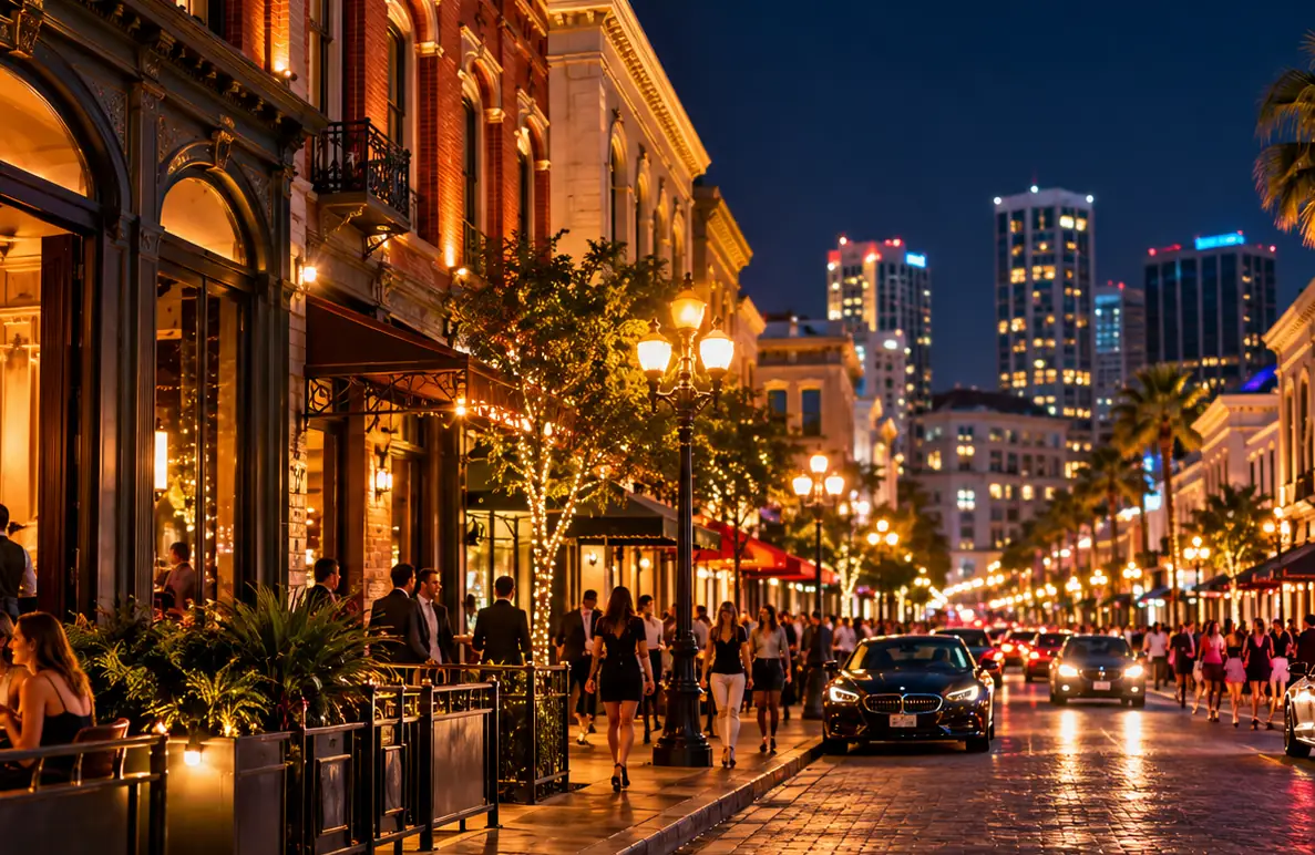 Illustrative historic downtown dining scene