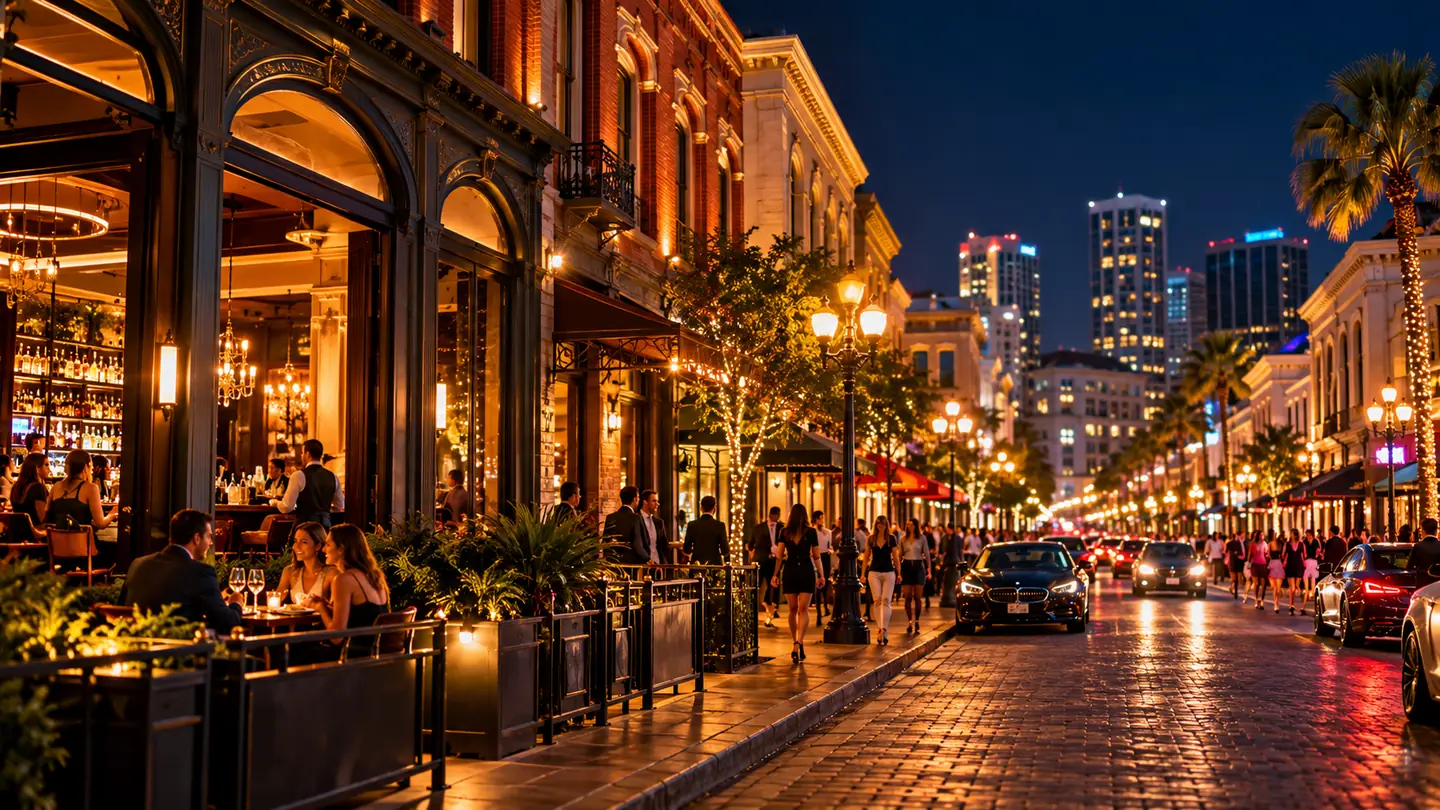 Illustrative Gaslamp Quarter-inspired nightlife streetscape