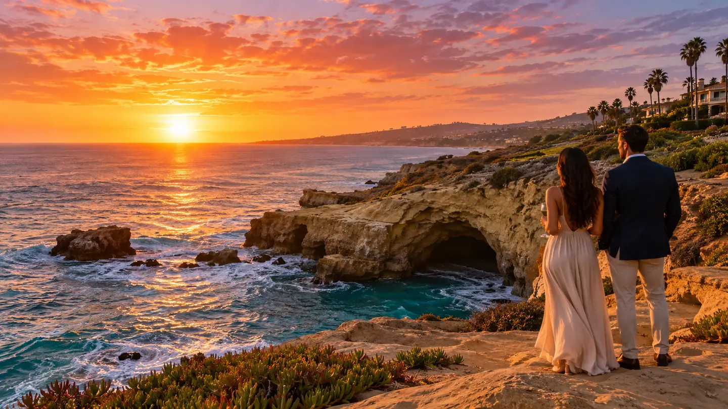 Illustrative sunset over rugged La Jolla-inspired coastline