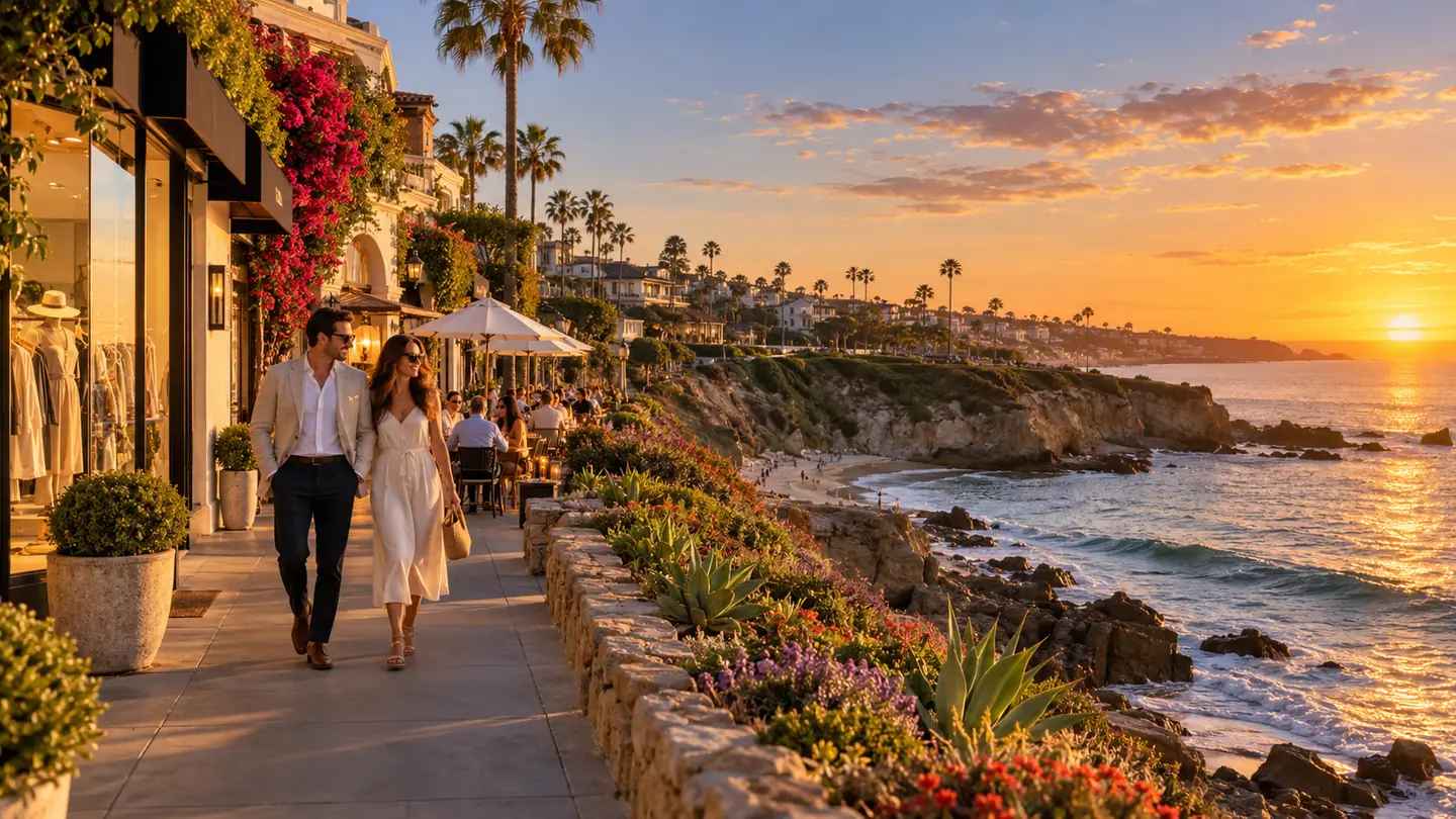 Illustrative La Jolla-inspired village stroll at golden hour