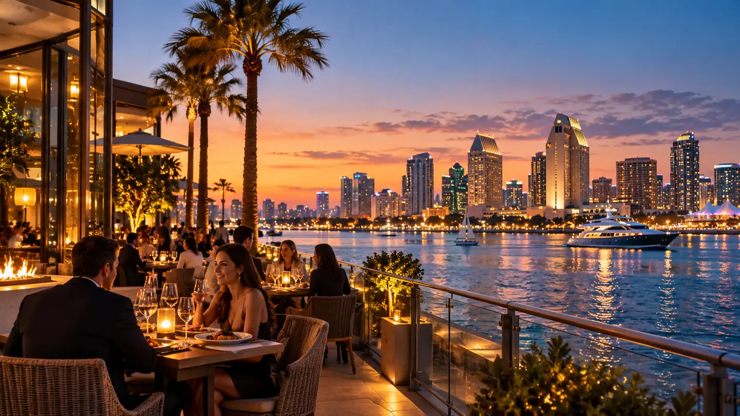 Illustrative upscale San Diego waterfront dining scene
